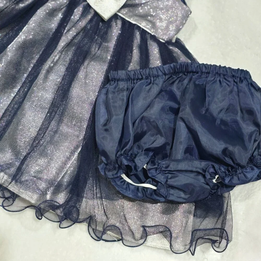 Rosenau Baby Dress Set 18M Silver Metallic Bodice Navy Mesh Skirt Bloomers EUC